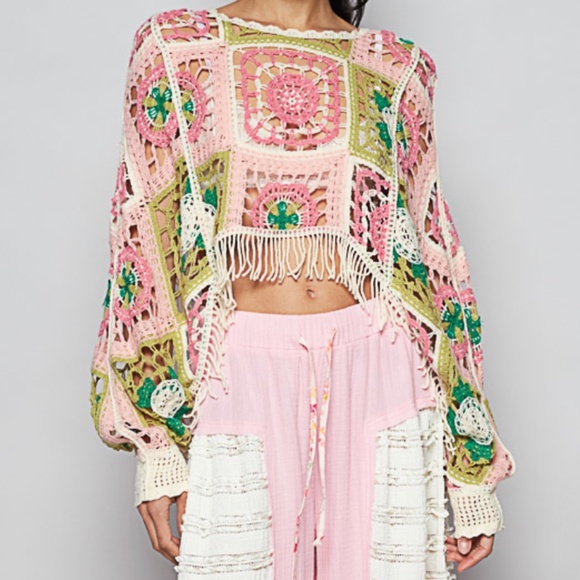 POL Multicolor Granny Square Fringe Hem Open Bottom Sweater Top - Picture 2 of 5